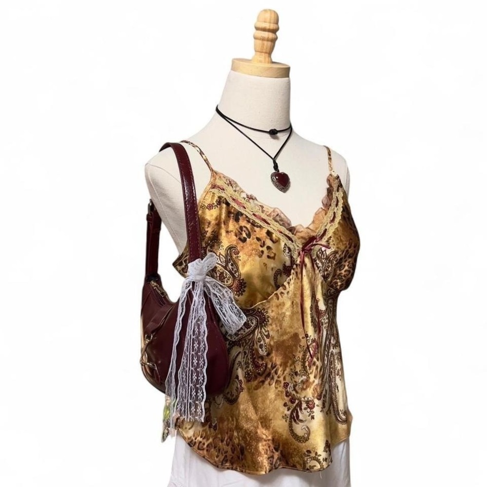 Vintage Y2K Brown Animal Leopard / Paisley Satin Cami Tank Top Sz Small Boho - Picture 5 of 8
